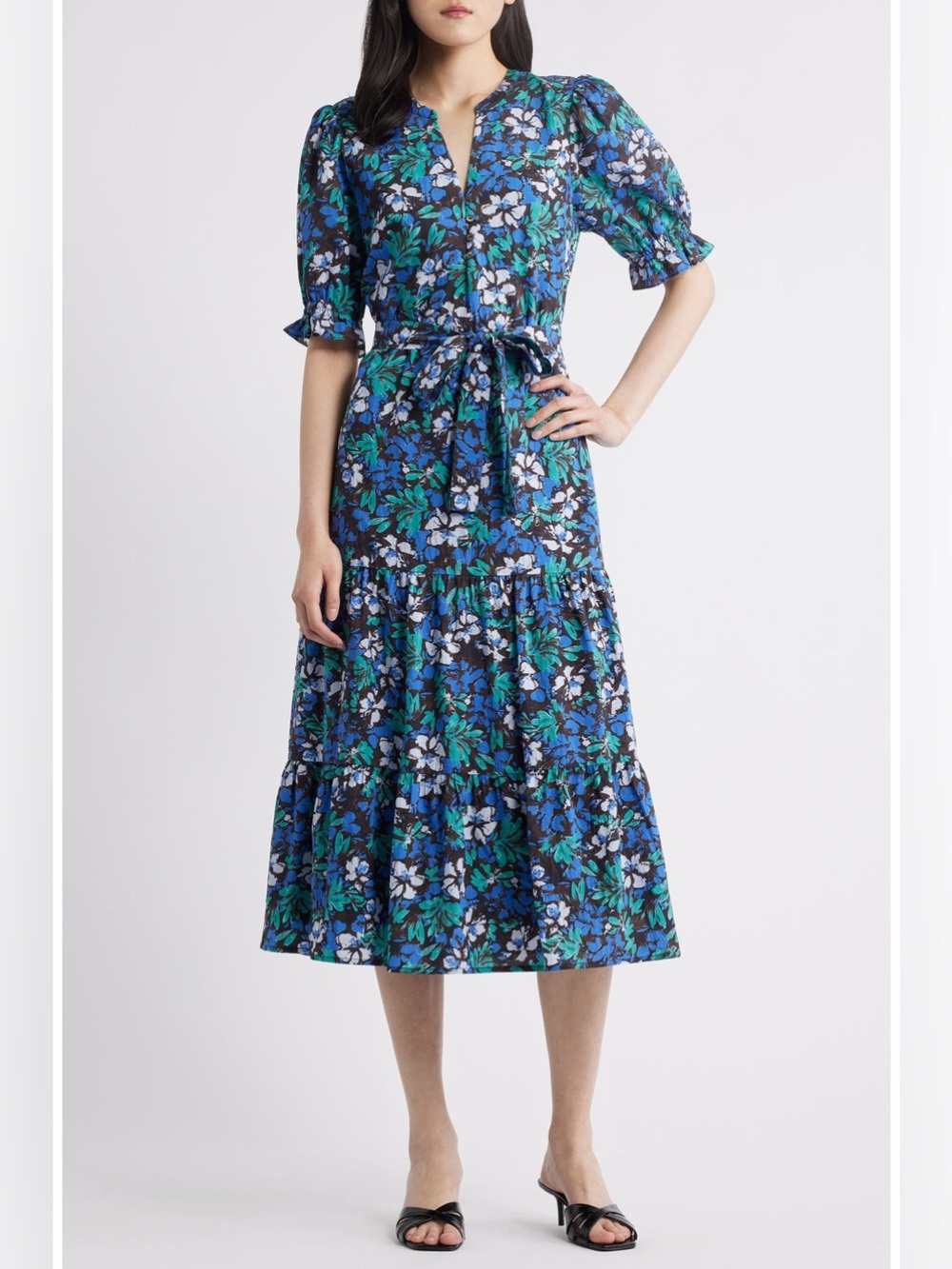 Rails Blue Floral Midi Dress L Tencel Blend Puff Sleeve Tiered V-Neck A-Line
